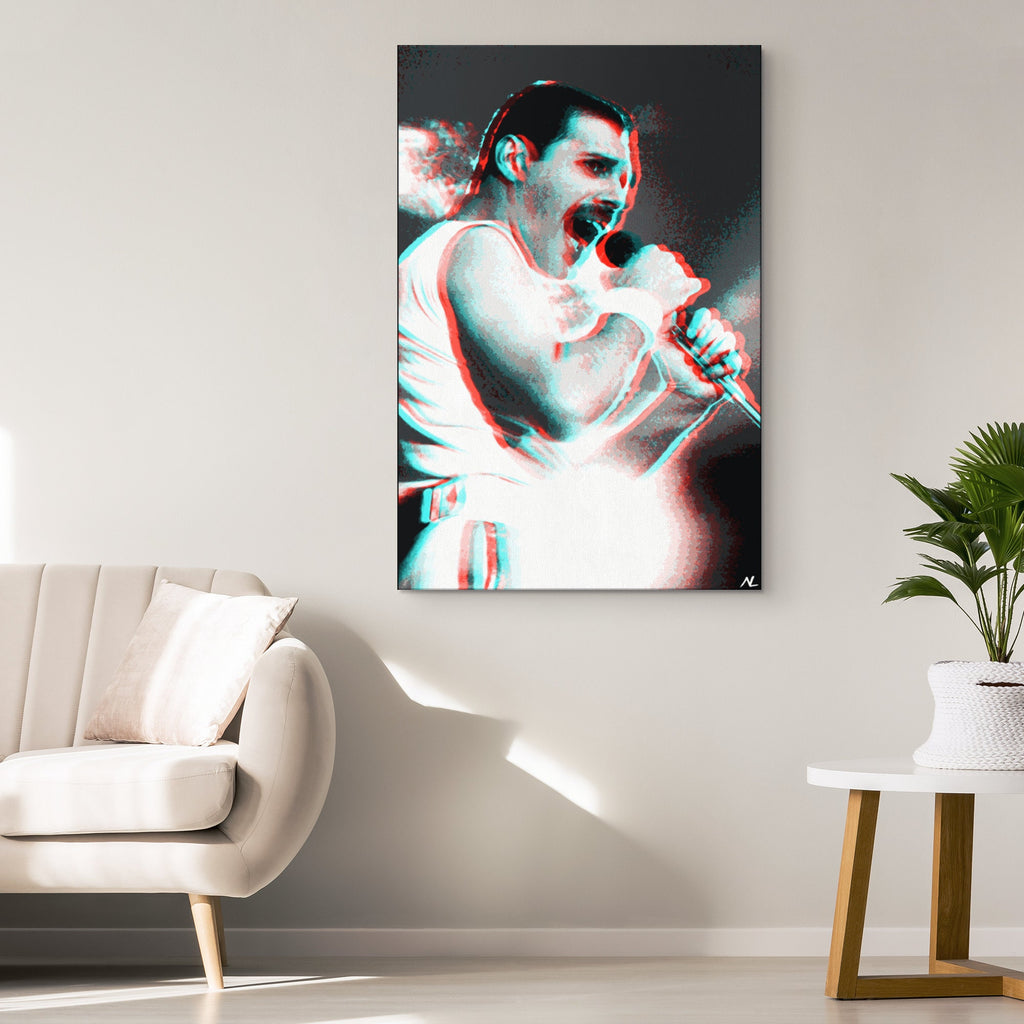 Retro 3D Freddie Mercury Queen Pop Art Illustration - Rock and Roll Music Home Decor in Poster Print or Canvas Art Active