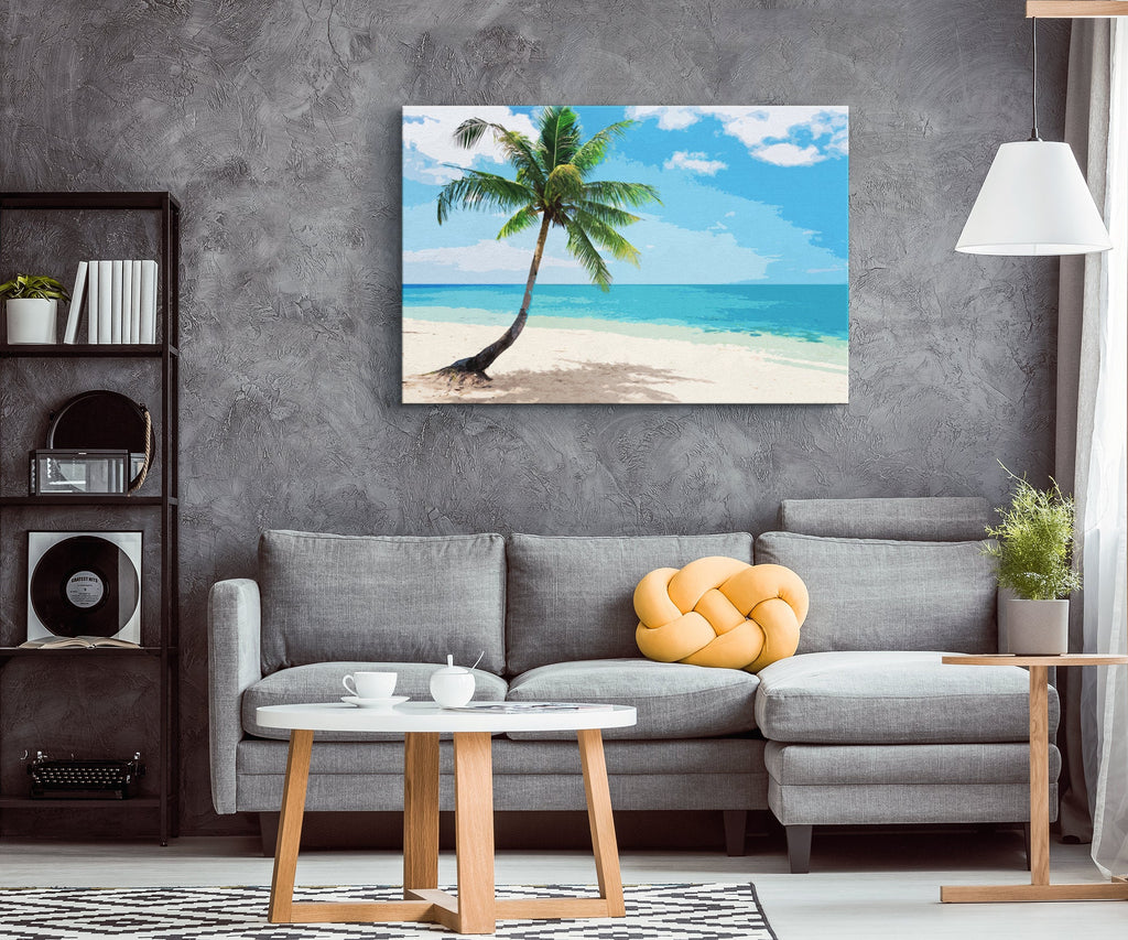 Tropical Palm Tree Beach Pop Art Illustration - World Travel Home Decor in Poster Print or Canvas Art