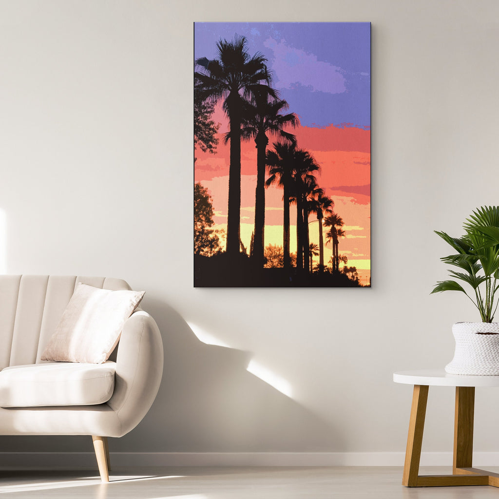 Tropical Palm Tree Sunset Pop Art Illustration - World Travel Home Decor in Poster Print or Canvas Art