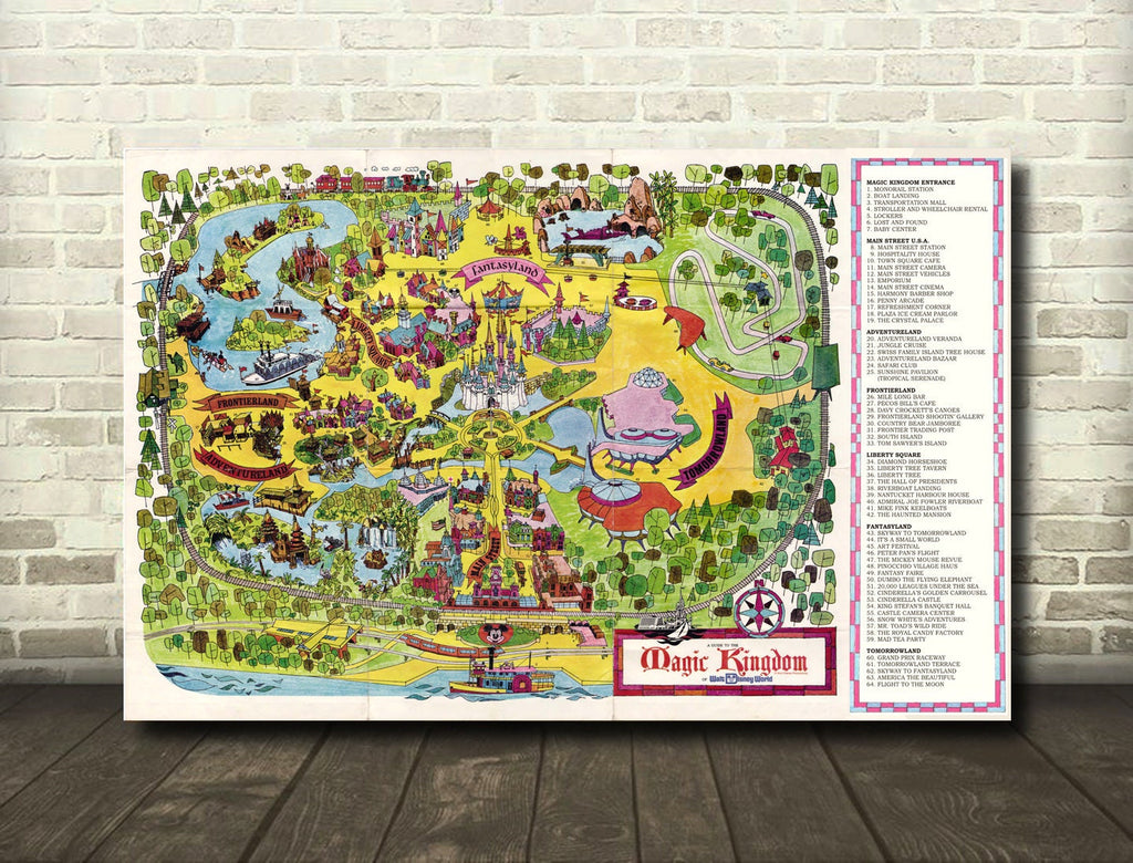 Vintage Disneyland 1970's Map Illustration - Disney Theme Park Home Decor in Poster Print or Canvas Art