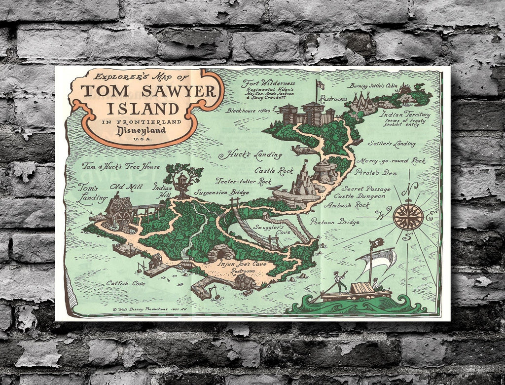 Vintage Disneyland Tom Sawyer Island Map - Disney Theme Park Home Decor in Poster Print or Canvas Art
