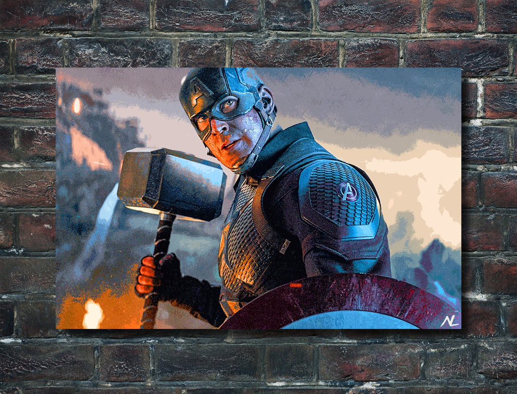 Captain America with Mjölnir Pop Art Illustration - Marvel Superhero Home Decor in Poster Print or Canvas Art