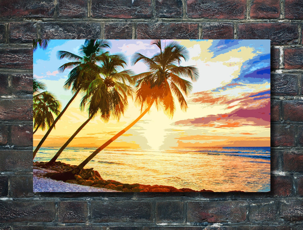 Tropical Palm Tree Sunset Pop Art Illustration - World Travel Home Decor in Poster Print or Canvas Art