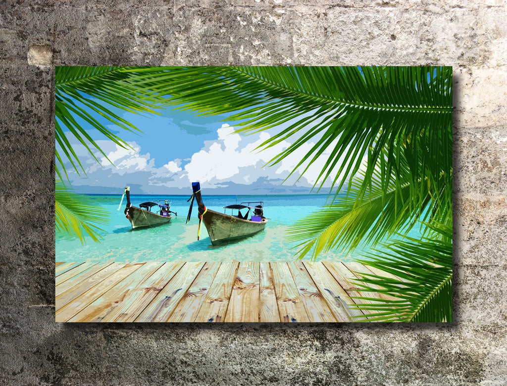 Tropical Beach Peir Pop Art Illustration - World Travel Home Decor in Poster Print or Canvas Art