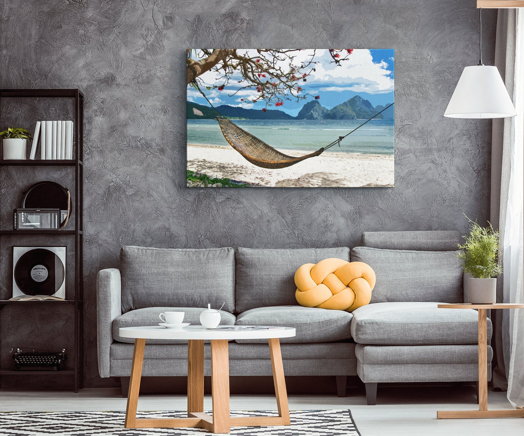 Tropical Beach Hammock Pop Art Illustration - World Travel Home Decor in Poster Print or Canvas Art