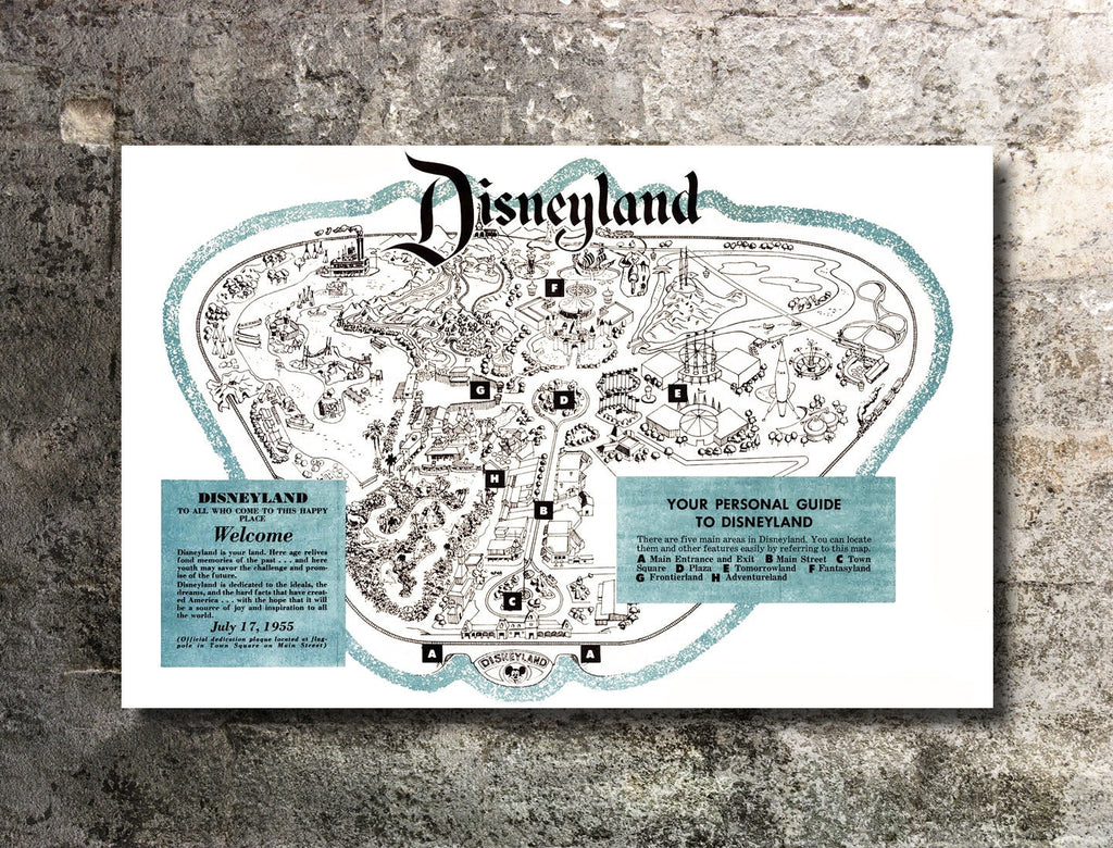 Disneyland 1950's Vintage Theme Park Map Illustration - Disney Home Decor in Poster Print or Canvas Art