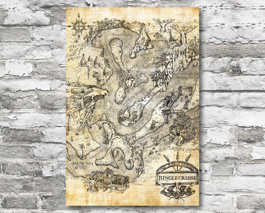 Vintage Disneyland Jungle Cruise Map - Theme Park Home Decor in Poster Print or Canvas Art