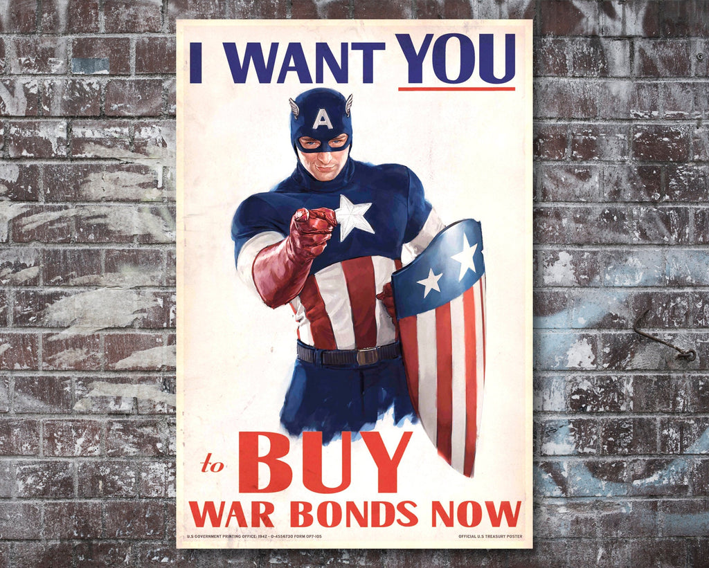 Captain America War Bonds Illustration - Marvel Superhero Home Decor in Poster Print or Canvas Art