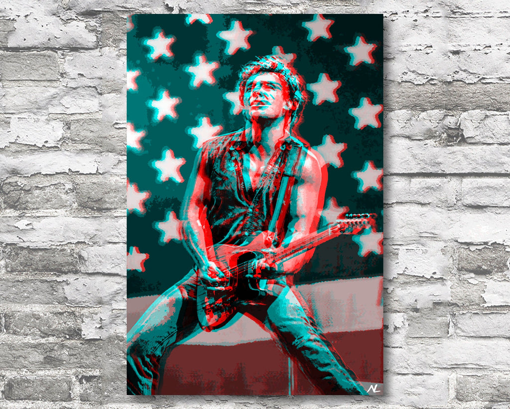 Retro 3D Bruce Springsteen Pop Art Illustration - Rock and Roll Music Icon Home Decor in Poster Print or Canvas Art