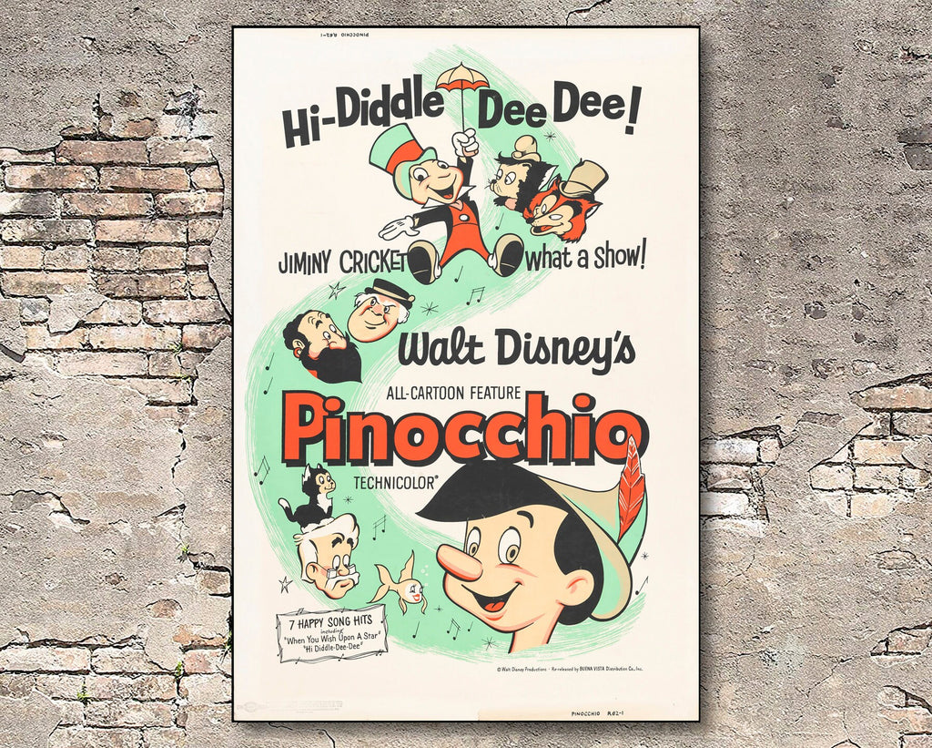 Pinocchio 1940 Vintage Poster Reprint - Disney Cartoon Home Decor in Poster Print or Canvas Art