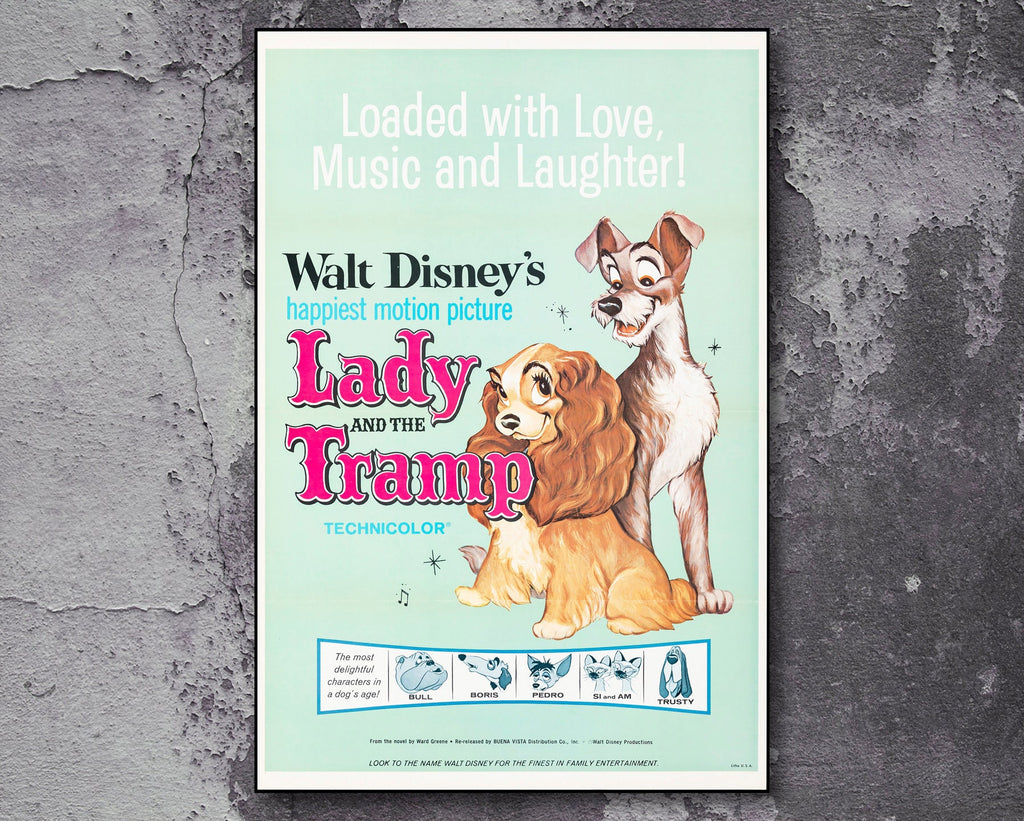 Lady and the Tramp 1945 Vintage Poster Reprint - Disney Cartoon Home Decor in Poster Print or Canvas Art