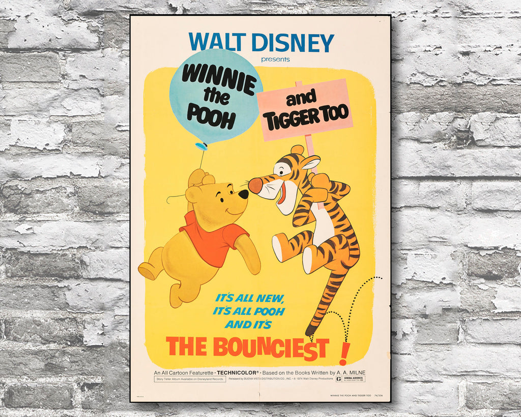 Winnie the Pooh and Tigger Too 1974 Vintage Poster Reprint - Disney Cartoon Home Decor in Poster Print or Canvas Art