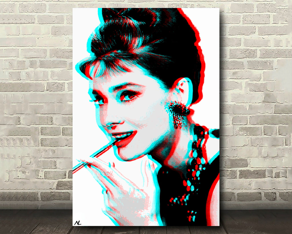 Retro 3D Audrey Hepburn Pop Art Illustration - Classic Hollywood Icon Home Decor in Poster Print or Canvas Art