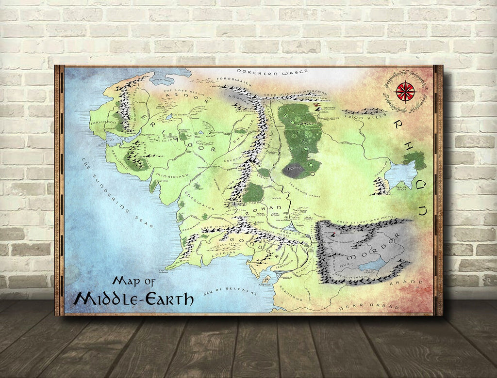 Middle Earth Color Map from The Lord of The Rings - Fantasy Home Decor in Poster Print or Canvas Art