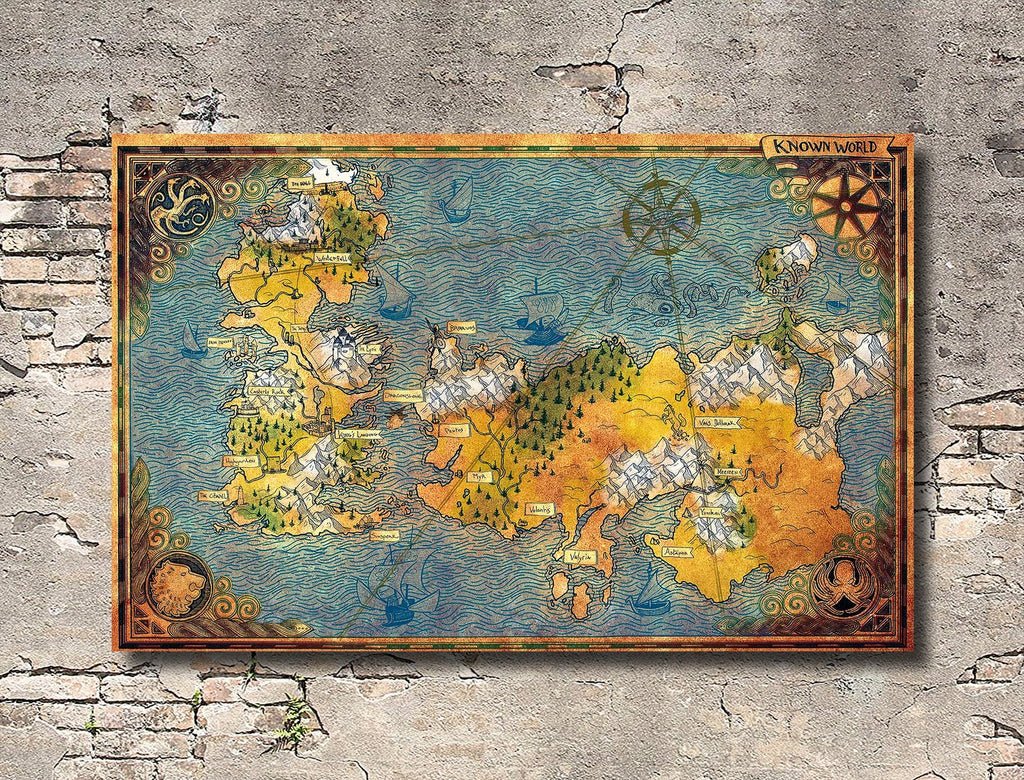 Game of Thrones World Map - Television Fantasy Home Decor in Poster Print or Canvas Art
