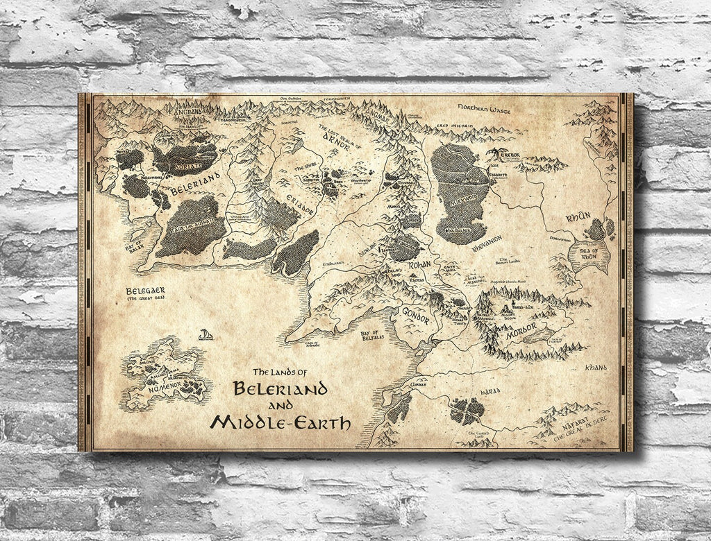 Lord of the Rings Middle Earth and Beleriand Map - Fantasy Home Decor in Poster Print or Canvas Art