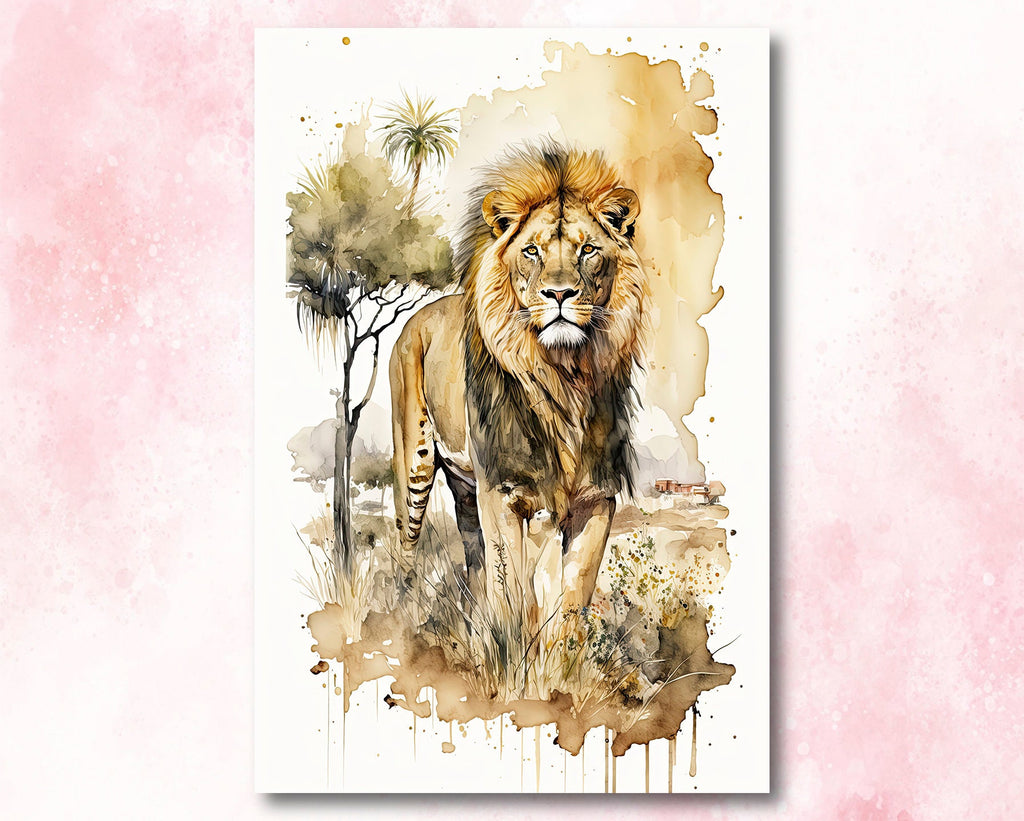 Lion Watercolor Print African Nature Wall Art Wildlife Gift Animal Home Decor