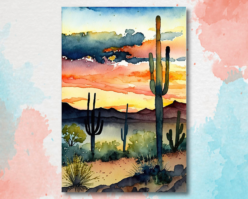 Desert Sunset Print Colorful Watercolor Wall Art Southwest Landscape Gift Saguaro Cactus Beautiful Nature Home Decor