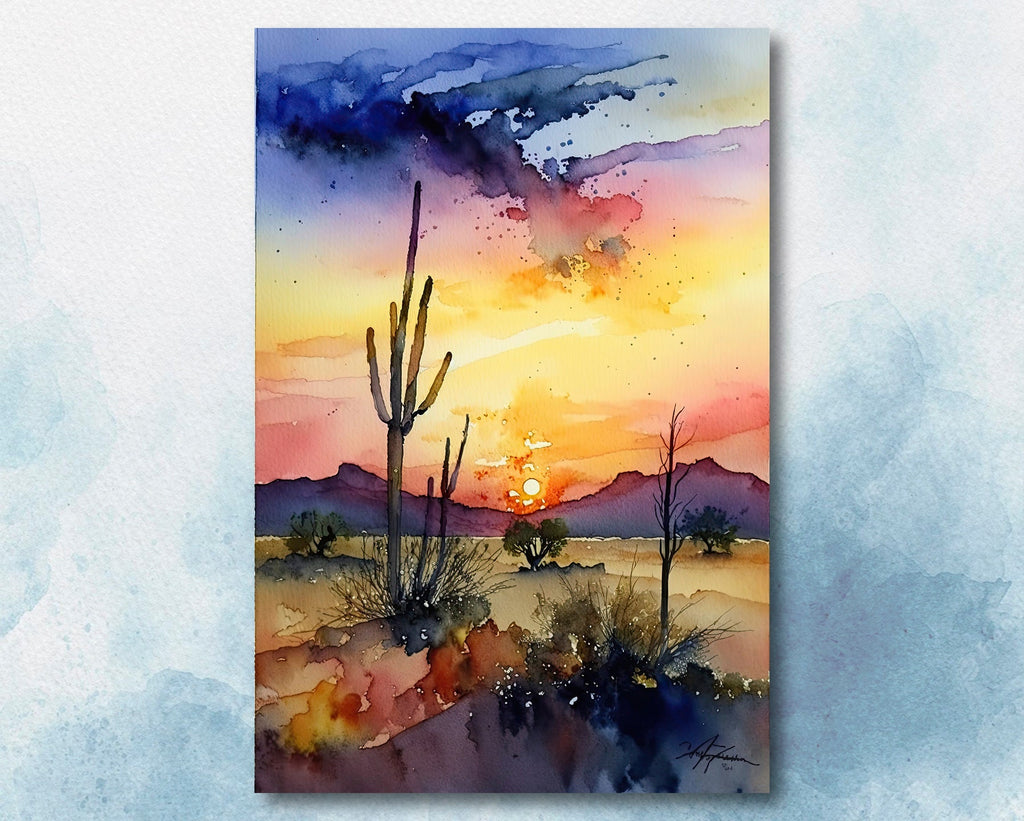 Desert Sunset Print Colorful Watercolor Wall Art Southwest Landscape Gift Saguaro Cactus Beautiful Nature Home Decor