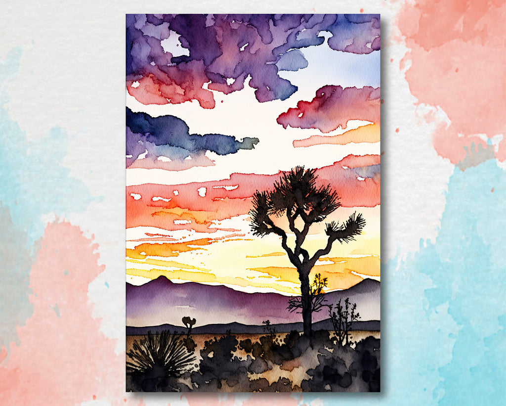 Joshua Tree Desert Sunset Print Colorful Watercolor Wall Art Southwest Landscape Gift Saguaro Cactus Beautiful Nature Home Decor