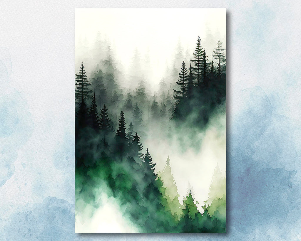 Watercolor Forest Landscape Sage Green Wall Art Painting Pine Tree Nature Landscape Gift Woodland Home Decor