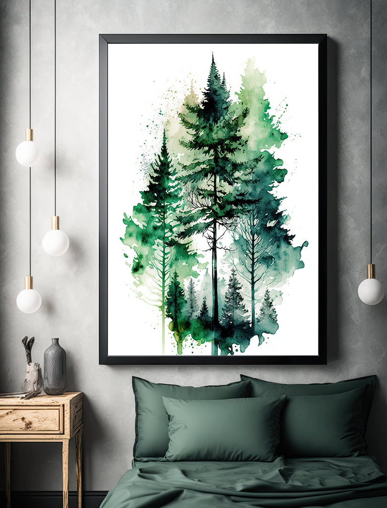 Watercolor Forest Landscape Sage Green Wall Art Painting Pine Tree Nature Landscape Gift Woodland Home Decor