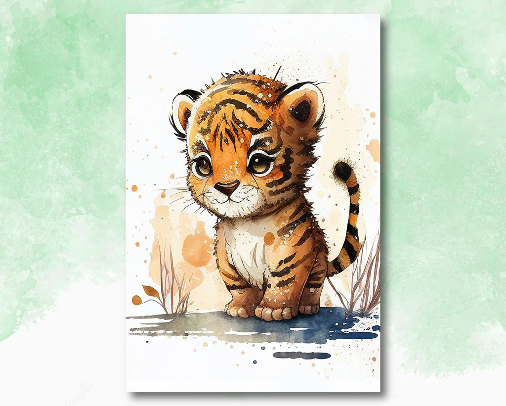 Baby Tiger Watercolor Print Jungle Cat Nature Wall Art Kids Nursery Wildlife Gift Cute Animal Home Decor