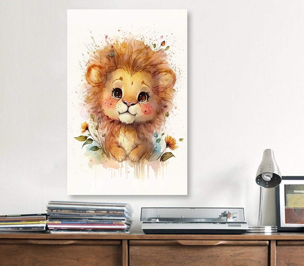 Baby Lion Watercolor Print Jungle Cat Nature Wall Art Kids Nursery Wildlife Gift Cute Animal Home Decor