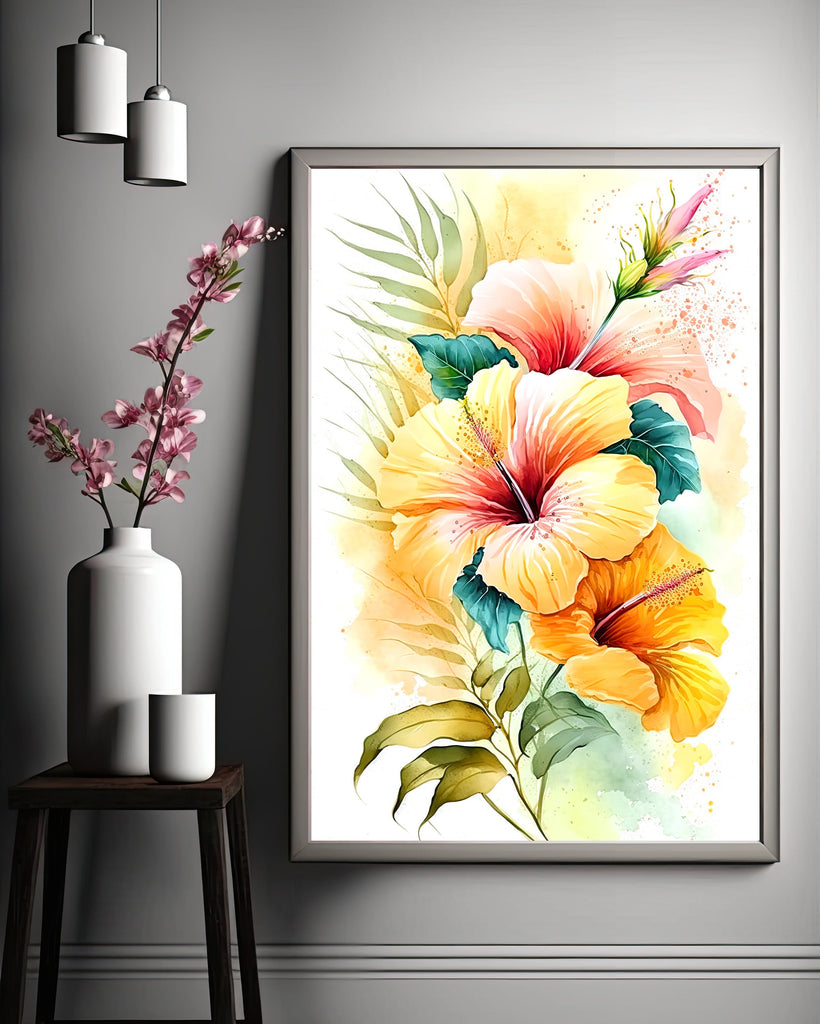 Hawaiian Hibiscus Flower Bouquet Print Watercolor Botanical Wall Art Flower Painting Gift Floral Tropical Home Decor