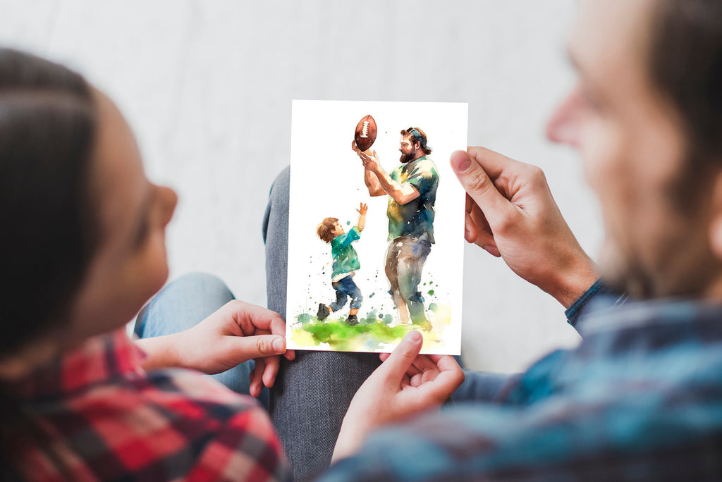 Watercolor Football Fathers Day Card Dad Gift For Him Daddy Father's Day Gift Sports Greeting Card - 5x7 inches in Packs of 1, 10, 30, & 50