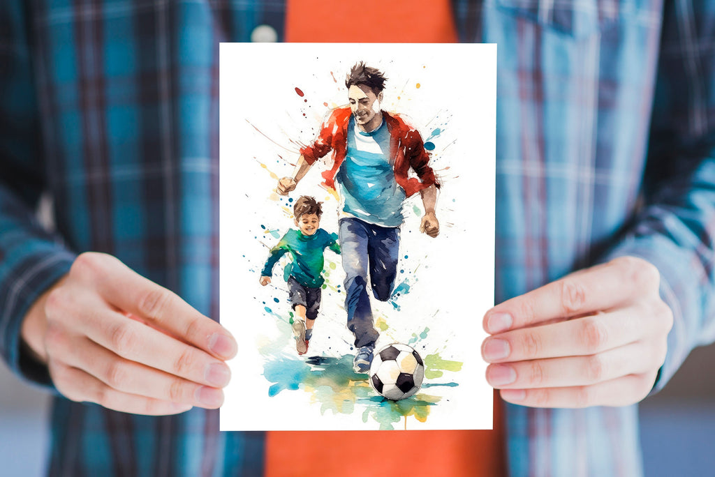 Watercolor Soccer Fathers Day Card Dad Gift For Him Daddy Father's Day Gift Sports Greeting Card - 5x7 inches in Packs of 1, 10, 30, & 50