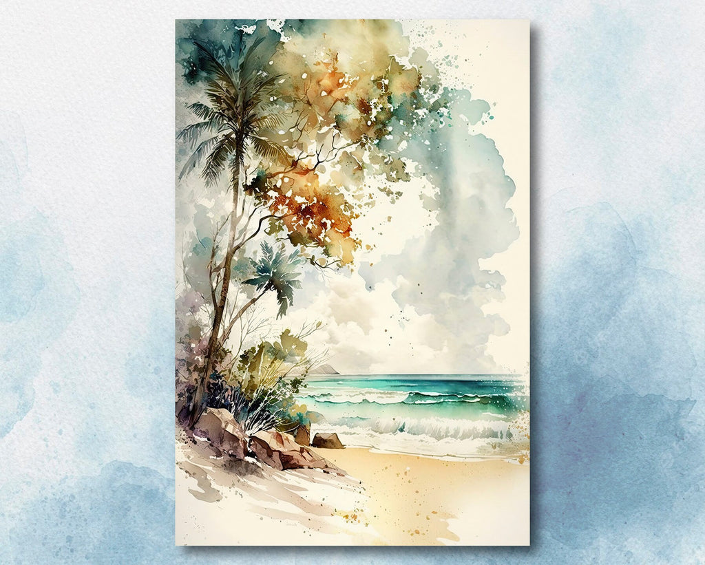 Tropical Palm Tree Beach Art Print Watercolor Coastal Wall Art Nature Inspired Gift Ocean Beach House Decor