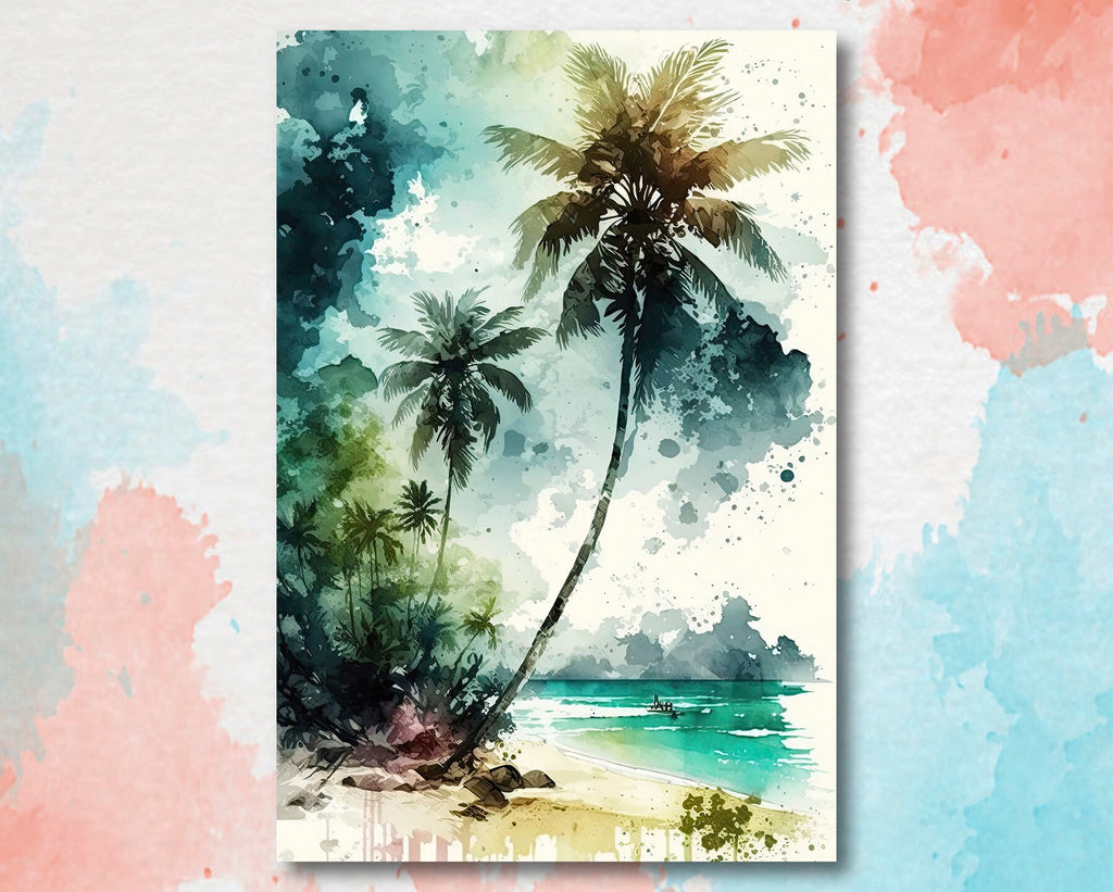 Tropical Palm Tree Beach Art Print Watercolor Coastal Wall Art Nature Inspired Gift Ocean Beach House Decor
