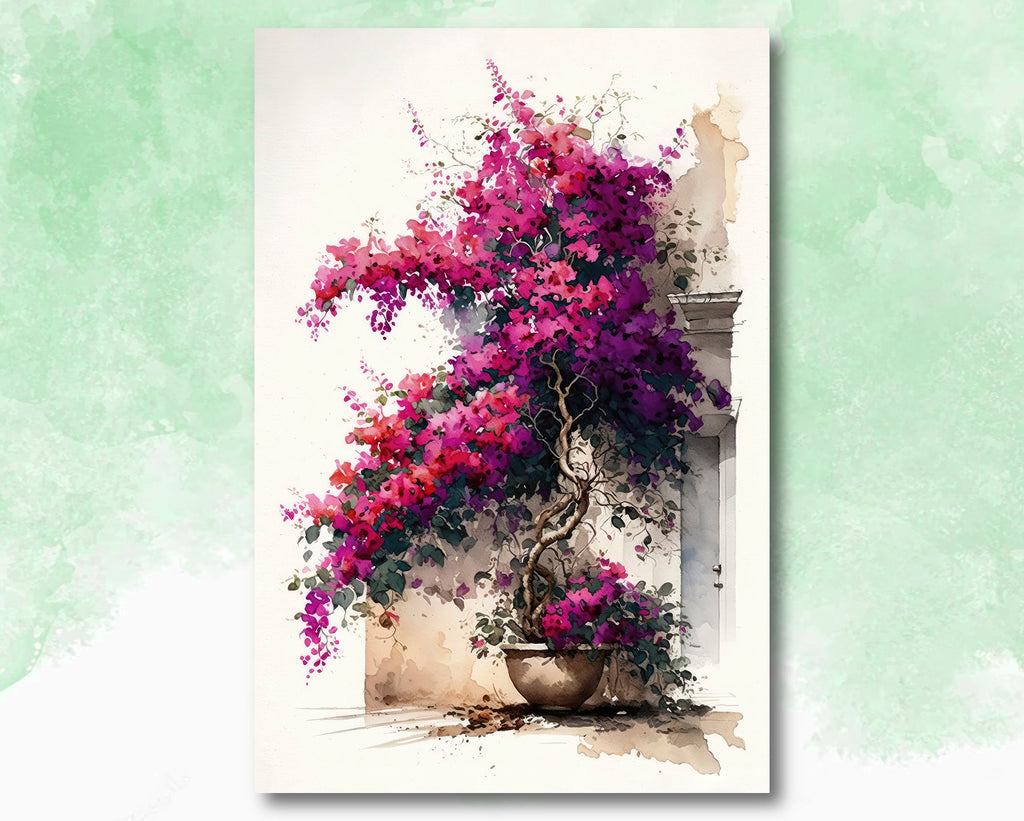 Bougainvillea Vines Watercolor Painting Floral Print Mediterranean Botanical Wall Art Magenta Tropical Flowers Gift Nature Inspired Decor