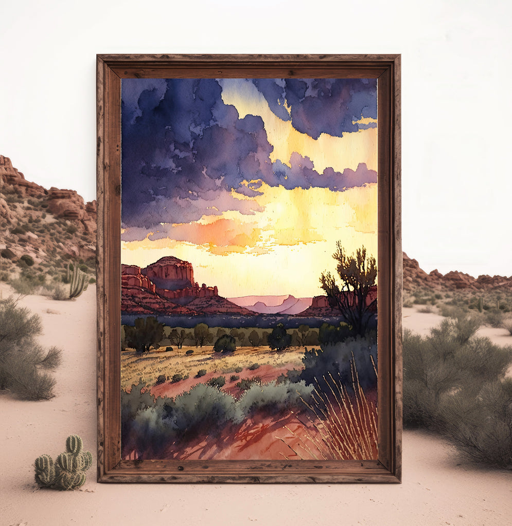 Watercolor Sedona Arizona Sunset Art Print Southwest Wall Art Landscape Gift Desert Home Western Decor