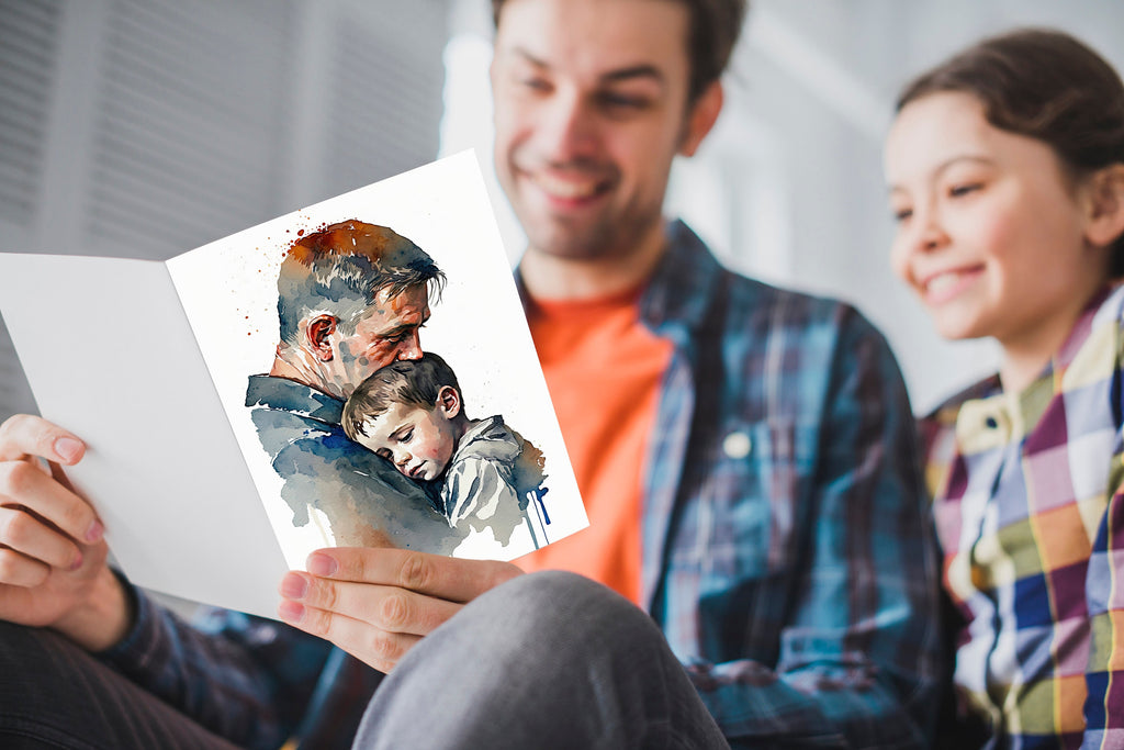 Father Son Fathers Day Card Watercolor Dad Gift For Him Daddy Father's Day gift Greeting Cards (5x7 inches in Packs of 1, 10, 30, and 50pcs)