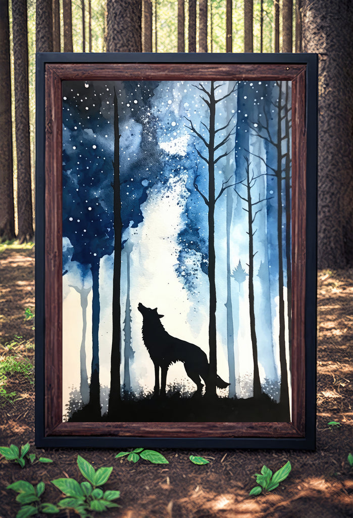 Wolf Starry Night Sky Art Watercolor Forest Wall Art Print Nature Inspired Wildlife Outdoorsy Gifts Woodland Nursery Cabin Cottagecore Decor