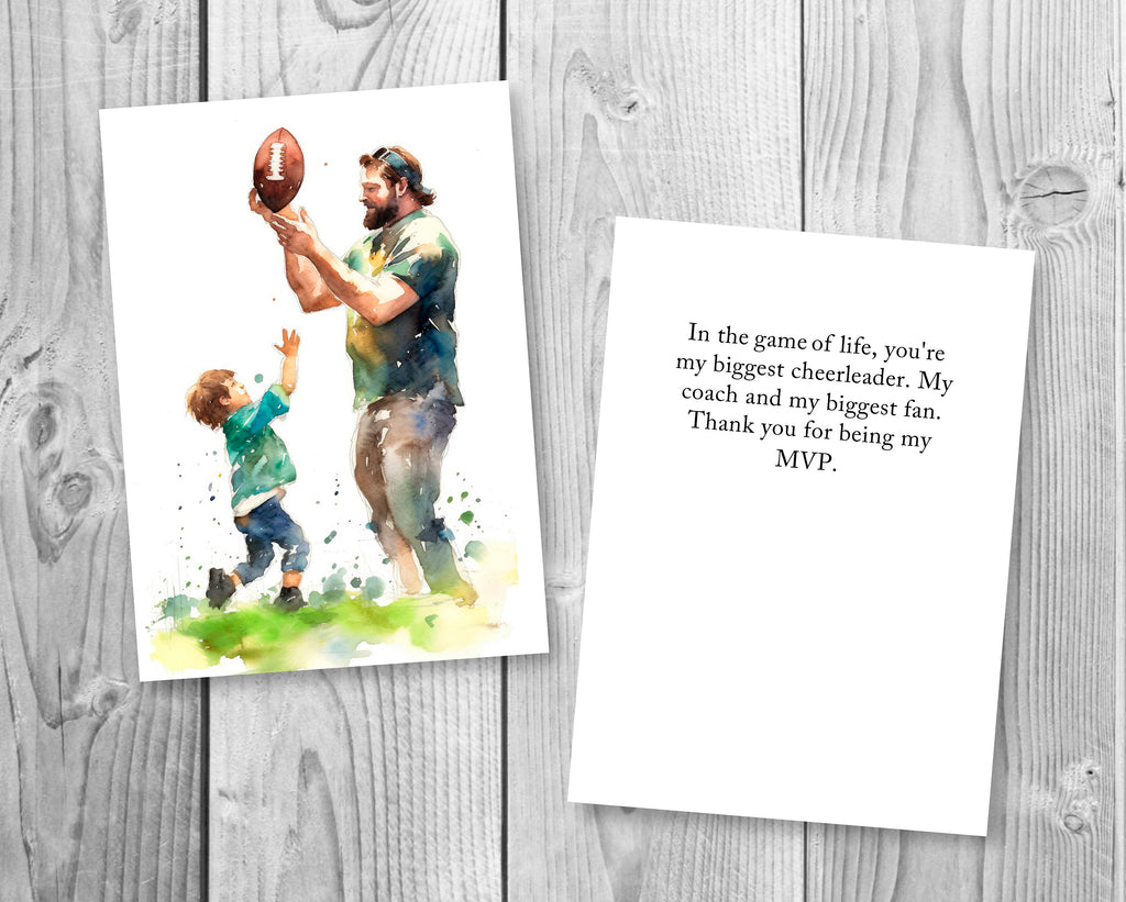 Watercolor Football Fathers Day Card Dad Gift For Him Daddy Father's Day Gift Sports Greeting Card - 5x7 inches in Packs of 1, 10, 30, & 50