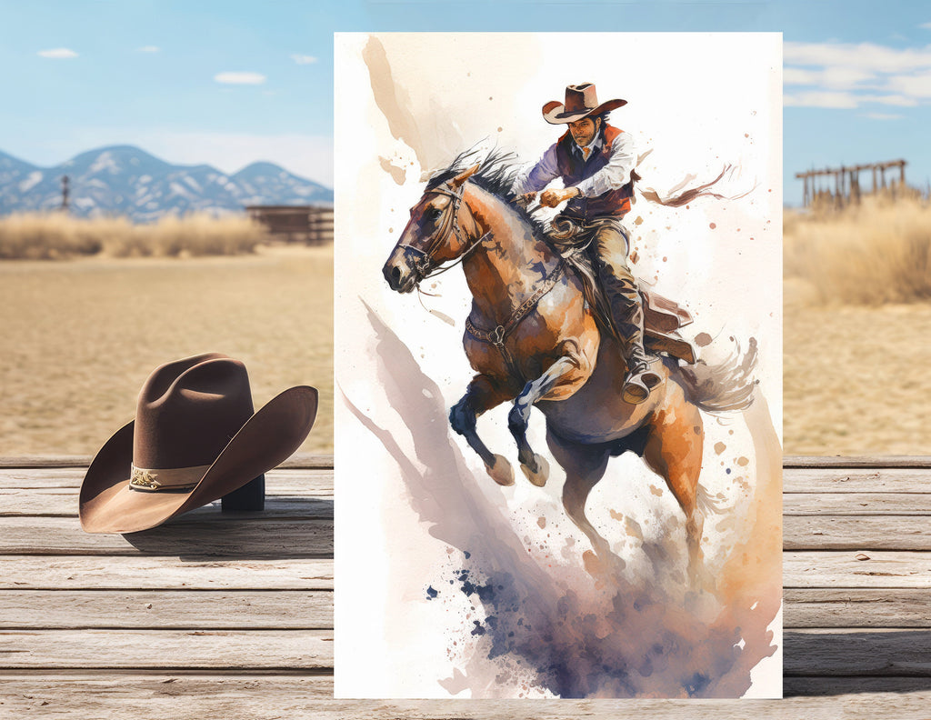 Western Cowboy Bronco Rodeo Poster or Canvas Art Horseback Riding Print Southwestern Wall Art Decor