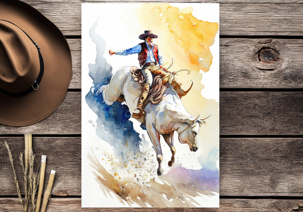Western Cowboy Bull Riding Rodeo Poster or Canvas Art Horseback Riding Print Southwestern Wall Art Decor
