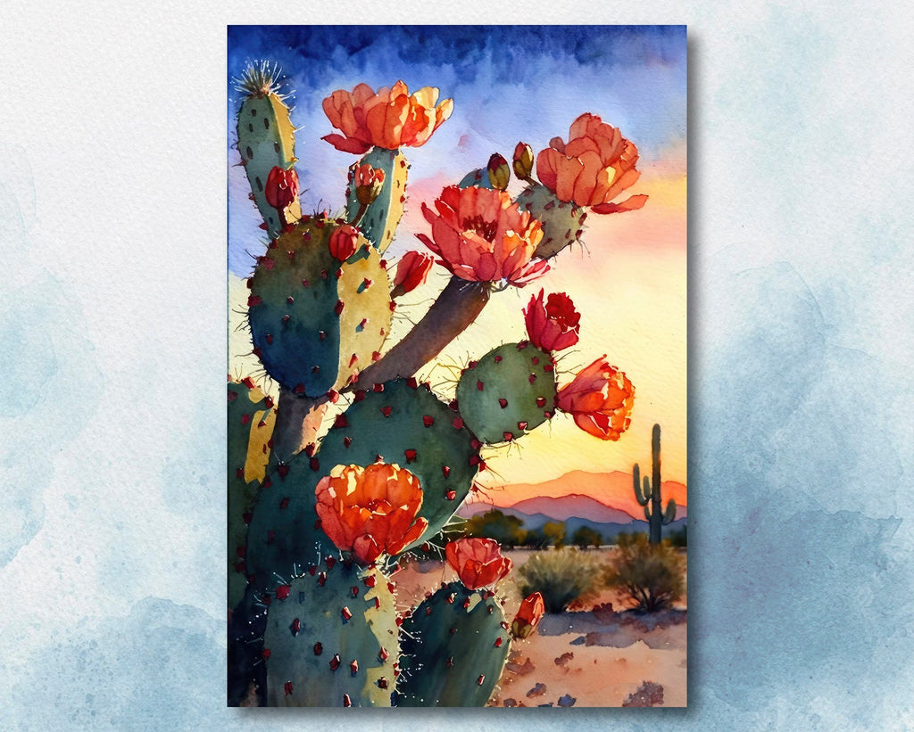 Flower Prickly Pear Cactus Sunset Art Print Watercolor Botanical Desert Wall Art Nature Inspired Sonoran Art Southwest Western Decor