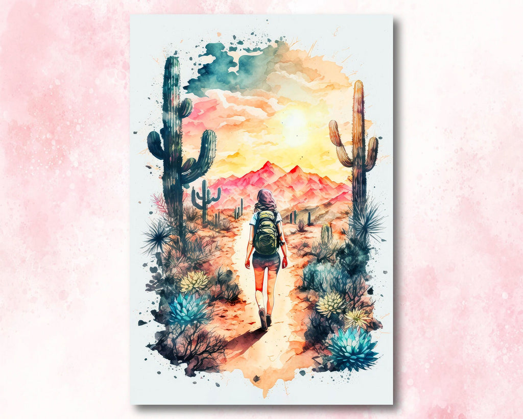 Hiking Desert Trail Sunset Wall Art Backpacking Camping Nature Adventure Unique Outdoorsy Gifts Wanderlust Southwestern Decor