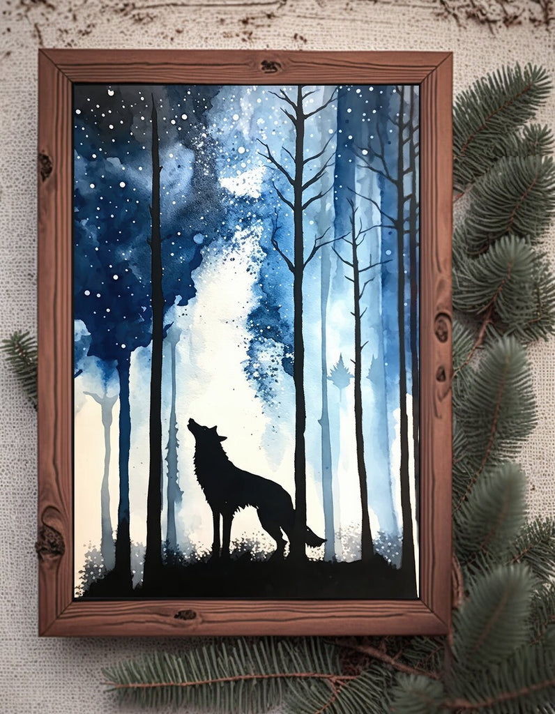 Wolf Starry Night Sky Art Watercolor Forest Wall Art Print Nature Inspired Wildlife Outdoorsy Gifts Woodland Nursery Cabin Cottagecore Decor