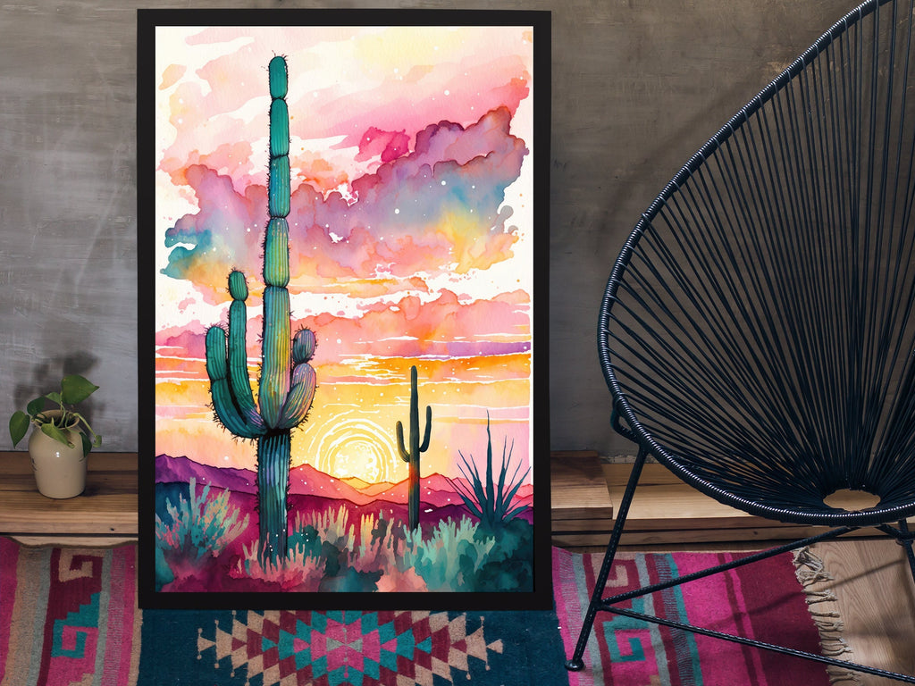 Sonoran Desert Sunset Cactus Wall Art Print Southwest Nature Inspired Watercolor Western Decor Southwestern Landscape Painting