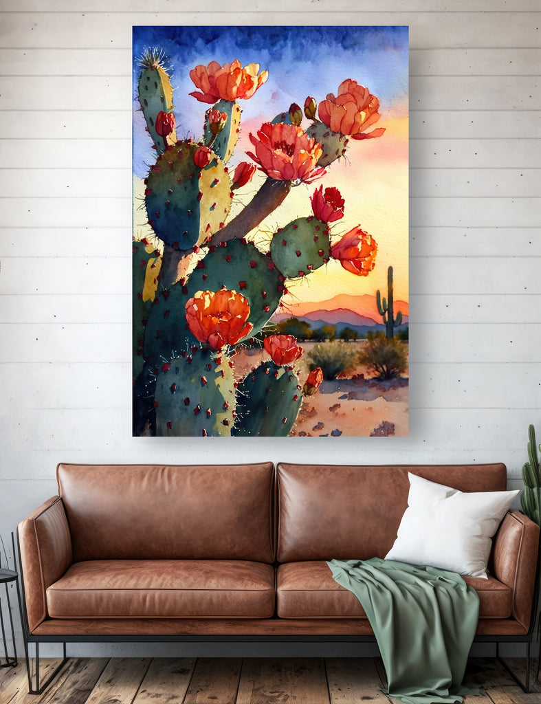 Flower Prickly Pear Cactus Sunset Art Print Watercolor Botanical Desert Wall Art Nature Inspired Sonoran Art Southwest Western Decor
