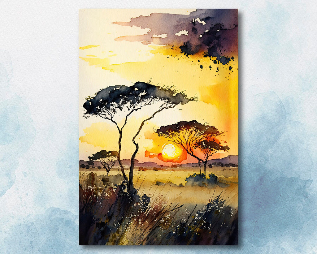 African Serengeti Sunset Wall Art Safari Print Africa Savanna Watercolor Landscape Painting Travel Gift Nature Inspired Decor