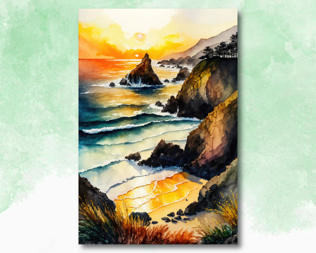 California Big Sur Beach Sunset Art Print Watercolor Ocean Wall Art Coastal Landscape Painting Gift Beach House Decor