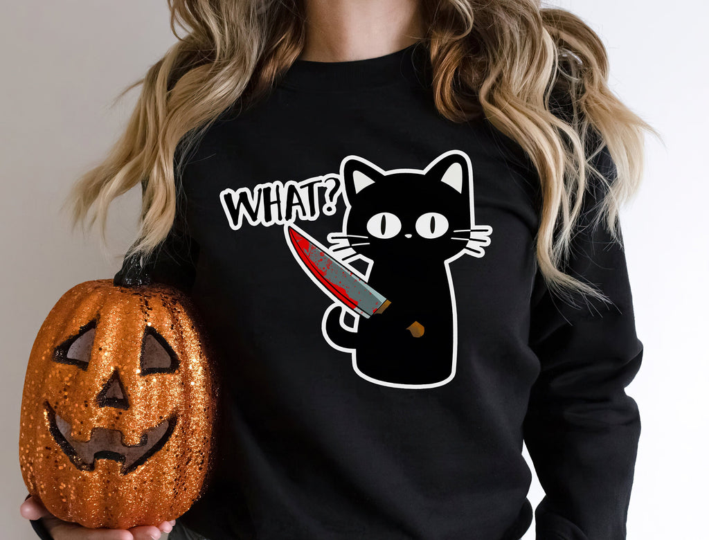 Funny Murder Cat Halloween Shirt, Meme Crewneck Sweatshirt Sweater Costume, Black Cat Graphic Tee, Cat Lover Gift For Her