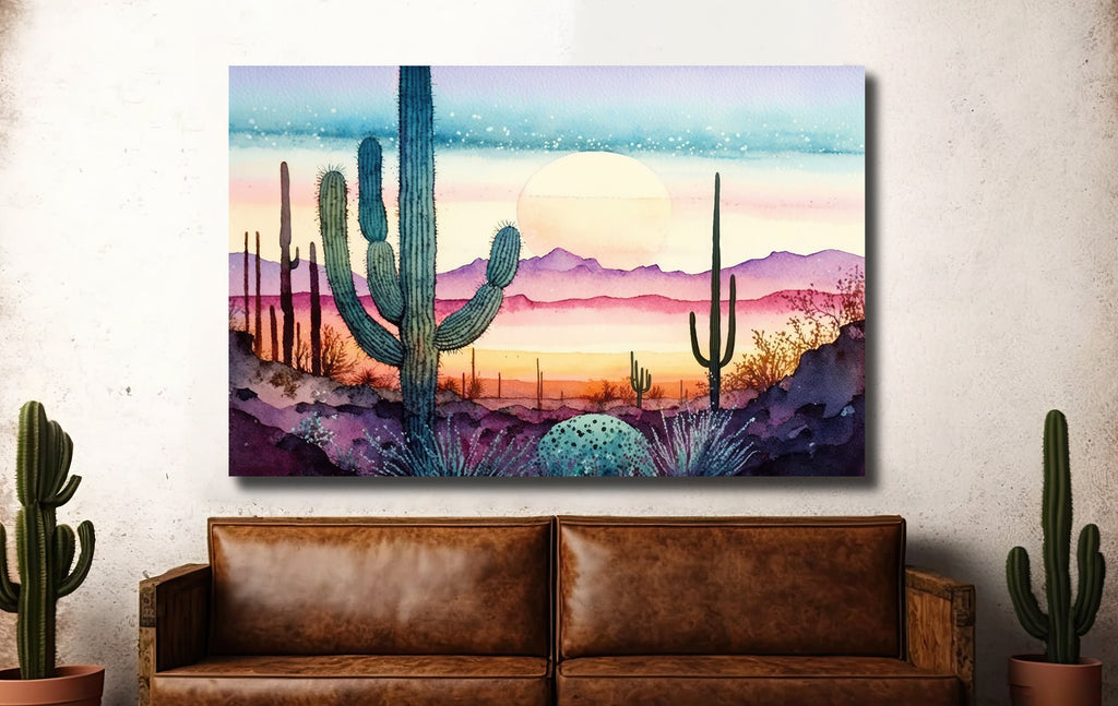 Sonoran Desert Rainy Sunset Cactus Wall Art Print Southwest Nature Inspired Watercolor Western Decor Southwestern Landscape Painting
