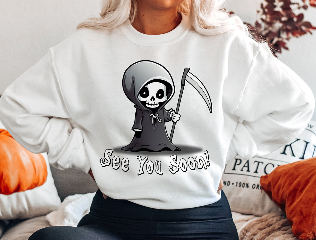 Grim Reaper Halloween Shirt, Kawaii Crewneck Sweatshirt Sweater Costume, Spooky Cute Halloween T-shirt, Funny Halloween Graphic Tee